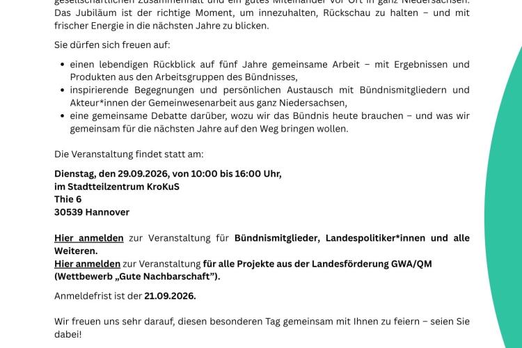 Einladungsschreiben 5 Jahre Bündnis für gute Nachbarschaft